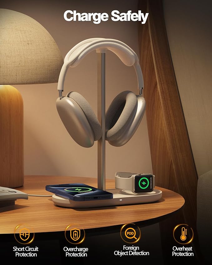 HiWe Headphone Stand, 2-in-1 Wireless Charger for iPhone/Apple Watch, Aluminum Alloy Rod, Minimalist Desk Organizer, White