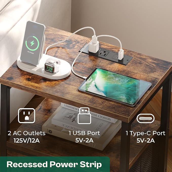 Huuger Nightstands Set of 2, End Tables with Charging Station, Fabric Drawers, Bedside Tables with USB Ports and Outlets, Night Stands for Bedroom, Rustic Brown