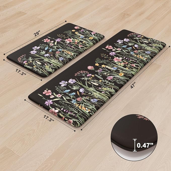 KIMODE Anti Fatigue Mats for Kitchen Floor 17"x47"+17"x29", Farmhouse Floral Kitchen Rugs Sets of 2, Cushioned Kitchen Floor Mats, Non Slip Standing Mat for Sink, Laundry, Office, Desk Black