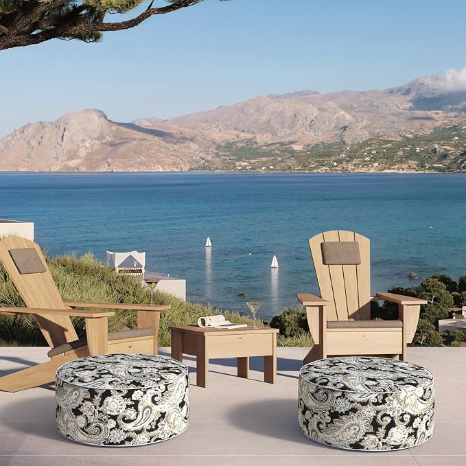 DYTXIII Inflatable Ottoman Stool D21 xH9 for Outdoor/Indoor Use, Water Repellent Patio Foot Rest Stool with Portable Handle,Round Pouf Ottoman Suitable for Garden,Deck and Camping - Paisley Black