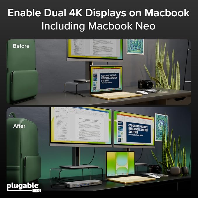 Plugable USB C Laptop Docking Station, Dual Monitor 4K 60Hz for Apple Mac M1/M2/M3/M4/M5,Neo 2X HDMI or DisplayPort for MacBook, 100W Charging DisplayLink Dock, Driver Install Required (UD-6950PDH)