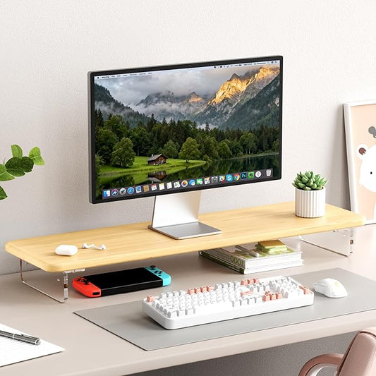 AFOOYO Bamboo Monitor Stand Riser, 31.5In Desk Organizer, Adjustable Arylic Feet Computer Monitor Stand, Desk Shelf for Office