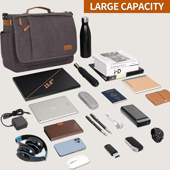 ESTARER Computer Messenger bag Water-resistant Canvas Shoulder Bag 15.6 Inch Laptop for Travel Work, Grey