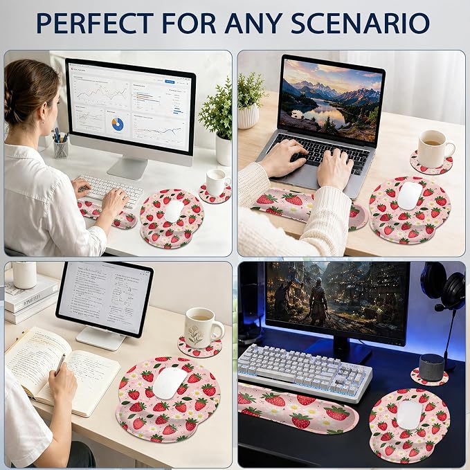 Ergonomic Memory Foam Wrist Rest Set for Keyboard and Mouse,Cute Strawberry Flower Supportive Mouse Pad with Non Slip Base for Office Work and Gaming