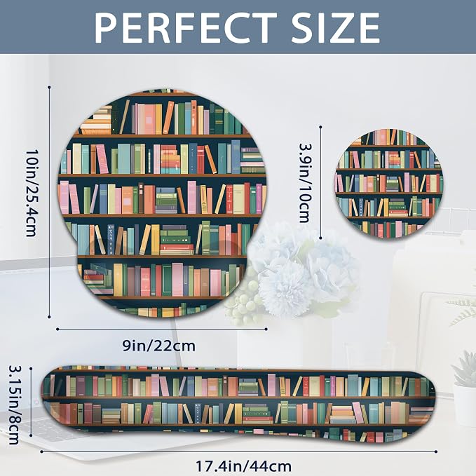 Bookshelf Ergonomic Keyboard and Mouse Wrist Rest Set, Library Book Mouse Pad with Non Slip Base, Soft Cloth Surface for Office and Home Typing Support