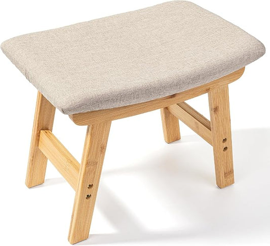 BAMBOO LAND- Bamboo Foot Stools Ottoman, Beige Cushion & Natural Wood Legs, Small Ottoman Foot Rest for Couch