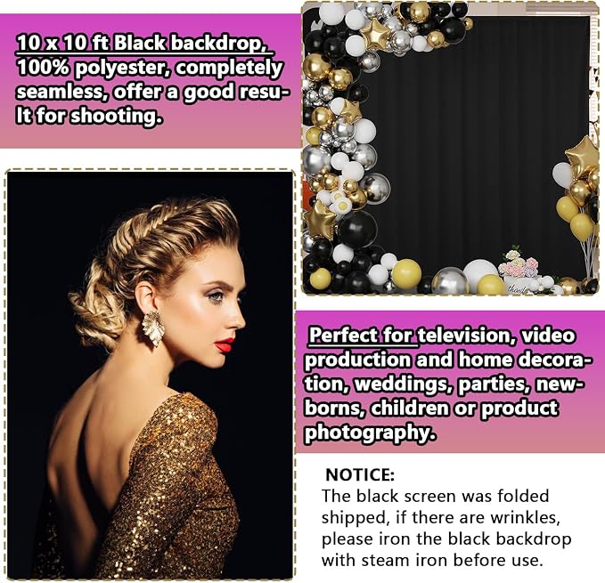 Black Backdrop 10 X 10 Ft, Solid Black Photo Backdrop, High Density Polyester Fabric Pure Black Backdrop Curtain Screen, Collapsible Seamless Black Background for Photoshoot Party Video Studio