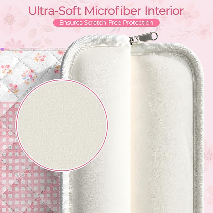 13-14 inch Cotton Quilted Laptop Sleeve for Women, Aesthetic Puffy Laptop Case Carrying Bag Compatible with MacBook Air/Pro 13/Pro 14, Soft Computer Liner Bag (Pink Patchwork, 13.3 inch)