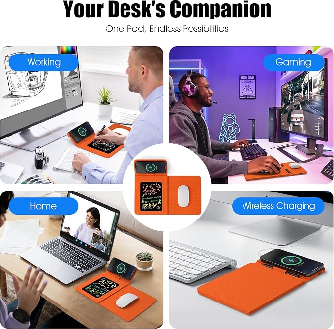 Foldable Wireless Charging Mouse Pad with LCD Writing Tablet,15W Qi Magnetic Fast Charging Mouse Mat,Multi-functional PU Leather Charging Pad for iPhone Samsung iWatch,Portable Office Home Accessories