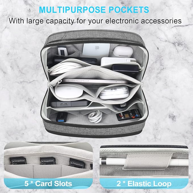 Lacdo Electronic Organizer Accessory for MacBook Charger, Cables, Power Bank, Hard Drive, Travel Cords, SD Card, Water-resistant Storage Bag with Card Slots for Memory Card, Gray