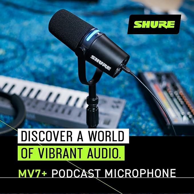 Shure MV7+ Podcast Dynamic Microphone with Stand – OBS Certified, Enhanced Audio, LED Panel, USB-C & XLR Outputs, Auto Level Mode, Digital Pop Filter – for Podcasting, Streaming, and Recording, Black