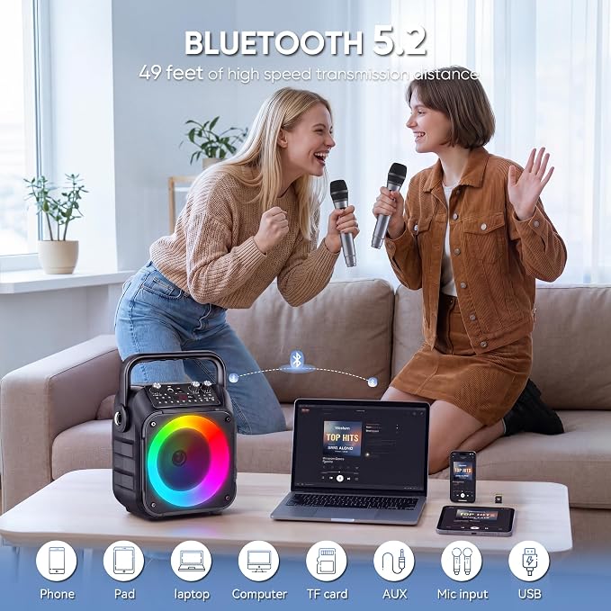 Karaoke Machine, Portable Bluetooth Speaker with 4 Wireless Microphones for Adults & Kids with Lights, Karaoke Microphone with PA System Supports USB/TF/FM/AUX for Home Party Home System Packages