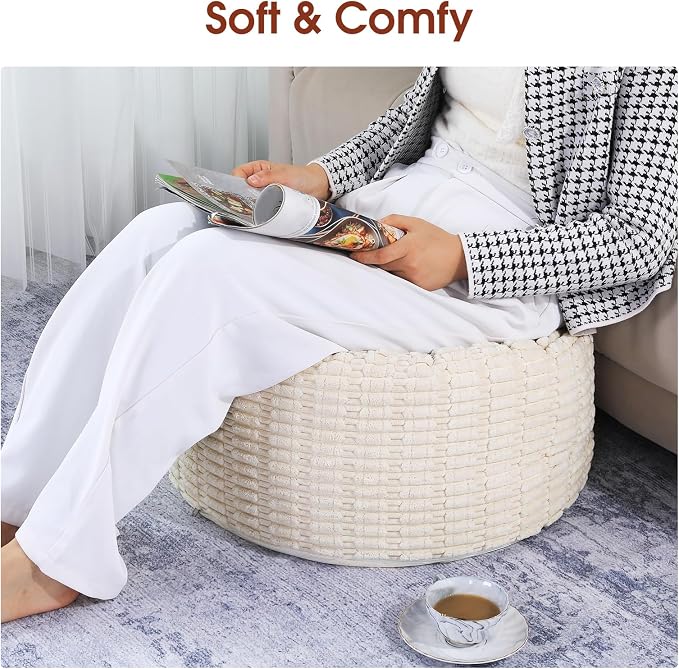 HOMBYS Unstuffed Ottoman Pouf Cover,Round Faux Fur Foot Stool, Fuzzy Chair, Floor Bean Bag(No Filler),Foot Rest with Storage for Living Room, Bedroom, Office, Striped Tufted (Beige)
