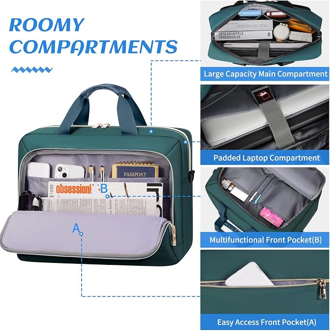 Laptop Bag 17.3 Inch Laptop Briefcase Large Waterproof Laptop Case for Men Women Business Office Work Computer Bag 17 Inch Adjustable Shoulder Messenger Bag, Dark Green
