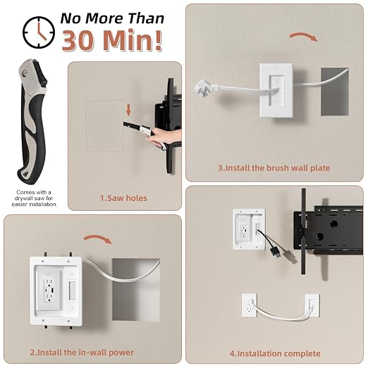 in Wall Cable Management Kit with Brush Wall Plate TV Outlet Wall Kit 2AC+USB-a/c Recessed Outlet Box 9.8ft Cord for TV Workspace Setup Living Room Home Theater Setups