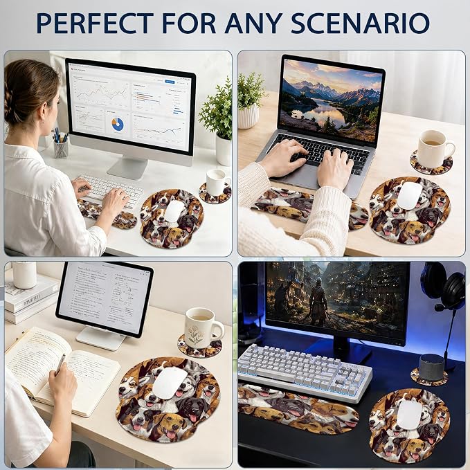 Wrist Rest Mouse Pad and Keyboard Support Set,Cute Dog 3 in 1 Ergonomic Memory Foam Mousepad with Non Slip Base, Gaming Mouse Pad for Office and Home