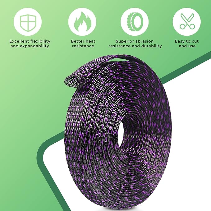 132 ft Expandable Braided Cable Sleeve Wire Loom PET Wiring Sleeving, Mesh Automotive Split Sheathing Wrap Management Heat Shrink for Audio and Other Home Device (1/2 in, 1/4 in, 3/8 in,3/4 in,Purple)