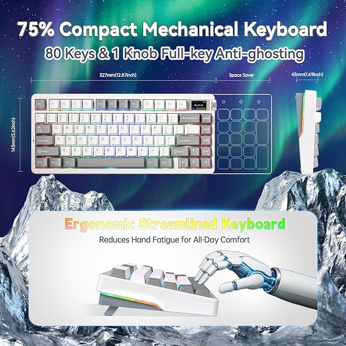 X Aula Nova75 Mechanical Gaming Keyboard,75% Compact Wireless Keyboard with Screen & Knob,Gamer for Pre-lubed Switches 8000mAh Computer Keyboards,RGB Backlit,Custom Hot Swappable,BT/2.4GHz/USB-C