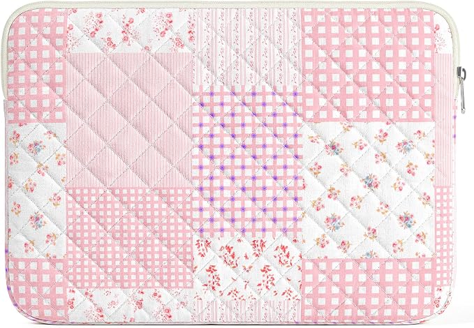 13-14 inch Cotton Quilted Laptop Sleeve for Women, Aesthetic Puffy Laptop Case Carrying Bag Compatible with MacBook Air/Pro 13/Pro 14, Soft Computer Liner Bag (Pink Patchwork, 13.3 inch)