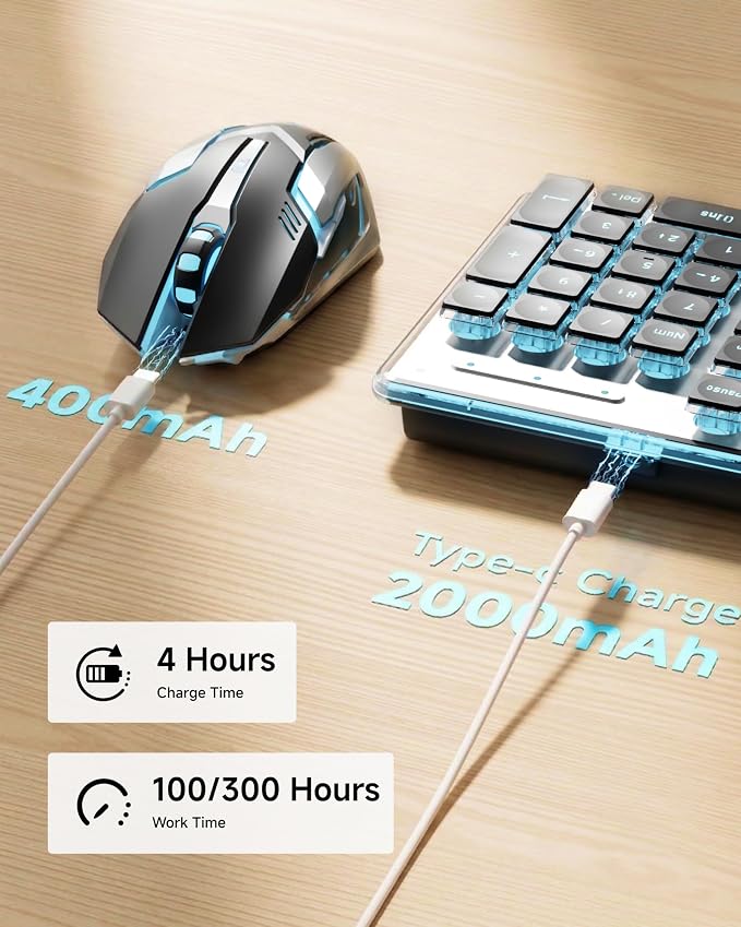 SEUNKWANG EWEADN V3 Wireless Keyboard and Mouse with Blue Backlit, Metal Panel, Bluetooth/2.4G Rechargeable Computer Keyboard and Mouse Combo Silent Lighted Full Size Cordless Keyboards-Black