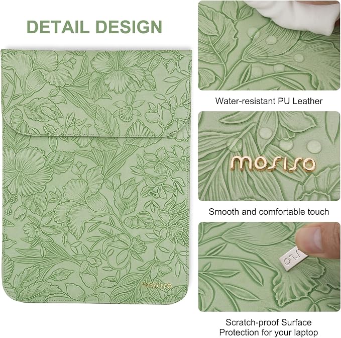 MOSISO Laptop Case 13 inch, 13 inch Laptop Sleeve Compatible with MacBook Air M4 M3 M2 M1 2025-2018 / Pro M2 M1 2025-2016, Embossed Retro Hibiscus PU Leather Case with Small Bag, Sage Green