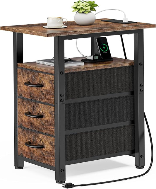 Vagusicc End Table with Charging Station, Narrow Side Table, Narrow Nightstand with 3 Fabric Drawers, Slim Sofa Side Table for Small Spaces, Small Night Stand for Bedroom, Rustic Brown