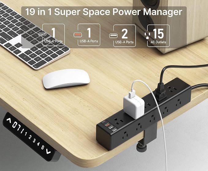 CCCEI Standing Desk Clamp Power Strip with 15 Outlets, Black Desktop Edge Mount Surge Protector Outlet, Fast Charging USB-A and 45W USB-C Ports, 10 FT Flat Plug, Black Fit 1.6 inch Table top.
