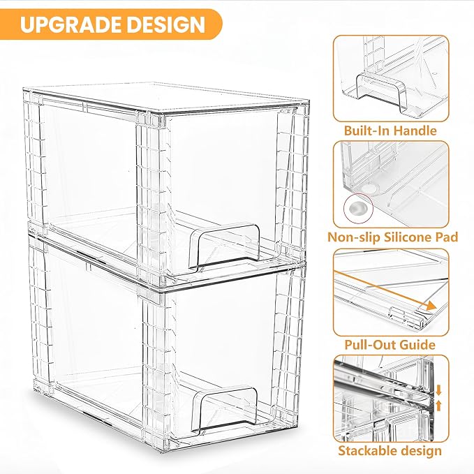 4 Pack Stackable Acrylic Storage Drawers – Clear Plastic Organizer Bins, Easy to Assemble, Suitable for Bathroom, Undersink, Kitchen, Pantry, Makeup, Medicine Organization