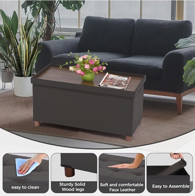 Dorriss Ottoman Storage Bench for Living Room with Tray, Bedroom Foot Stool, Coffee Table Lid, End of Bed Faxu Leather 30" Inch (L-Grey)