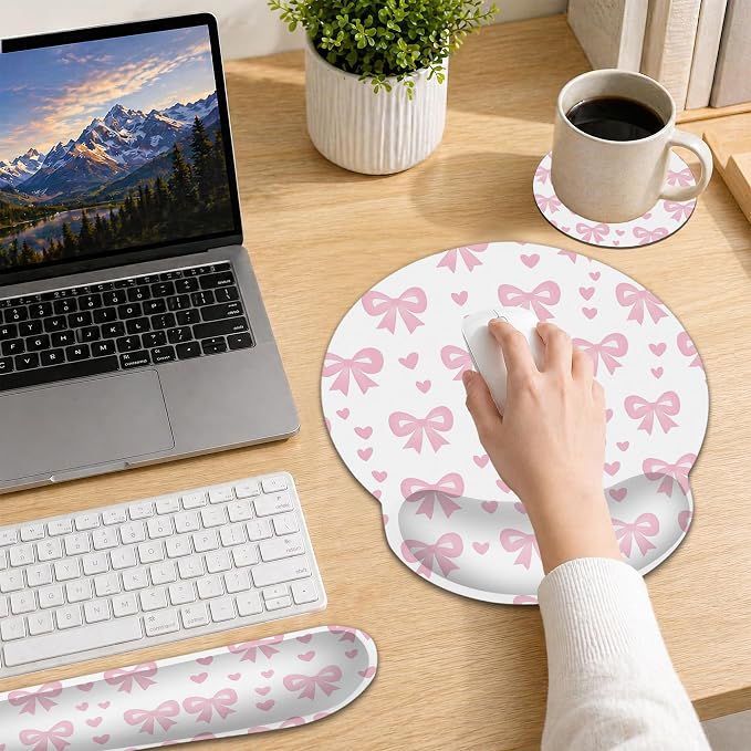 Cute Bow Wrist Rest Mouse Pad and Keyboard Support Set,Pink Heart 3 in 1 Ergonomic Memory Foam Mousepad with Non Slip Base, Gaming Mouse Pad for Office and Home