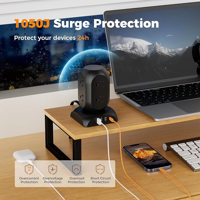 TESSAN Surge Protector Power Strip Tower, Flat Plug Extension Cord 10 Ft with 8 AC Multiple Outlets 4 USB Ports (1 USB C), 1050J Protection Desk Charging Station for Home, Office, Dorm Room, Black