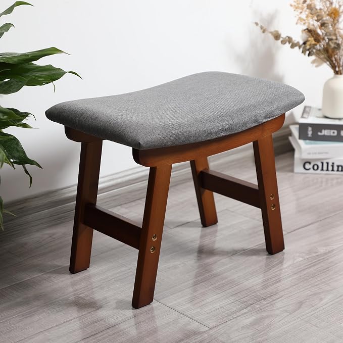 BAMBOO LAND- Bamboo Foot Stools Ottoman, Gray Cushion & Brown Wood Legs, Small Ottoman Foot Rest for Couch