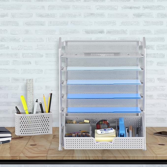 Simple Houseware 6-Tier Desk Document File Tray Organizer with Sliding Drawer, Silver