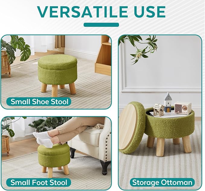 Small Foot Stool Ottoman with Storage, Sherpa Ottoman Foot Rest for Couch, Round Footstool with Storage, Small Ottomans and Footstools for Living Room and Entryway (Bright Green)