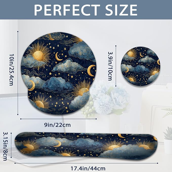 Starry Night Keyboard Wrist Rest Pad Ergonomic Mouse Pad Set,Sun Moon 3 in 1 Memory Foam Mouse Pad with Non Slip Base for Office and Home