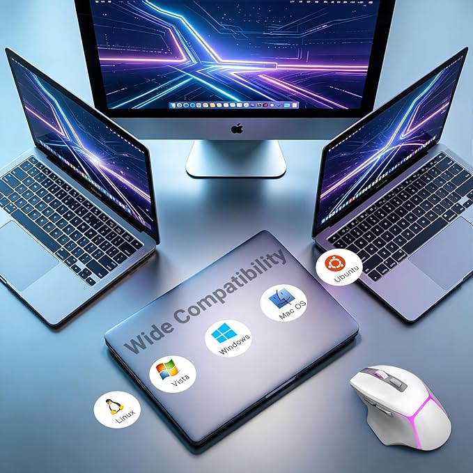 GAMCATZ White Wireless Gaming Mouse for Mac & iPad, Bluetooth/2.4G/USB-C Wired Gaming Mouse with 12500 DPI Backlit, Rechargeable Ergonomic Computer Mice for Laptop, PC & Apple Devices