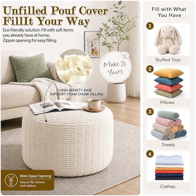 Round Corduroy Ottoman Foot Rest Pouf for Living Room Couch - Soft Plush Shredded Foam Filled Hassock Stool, Comfy Footstool for Adults (Cream - Chunky Corduroy, 26 INCH×18 INCH)