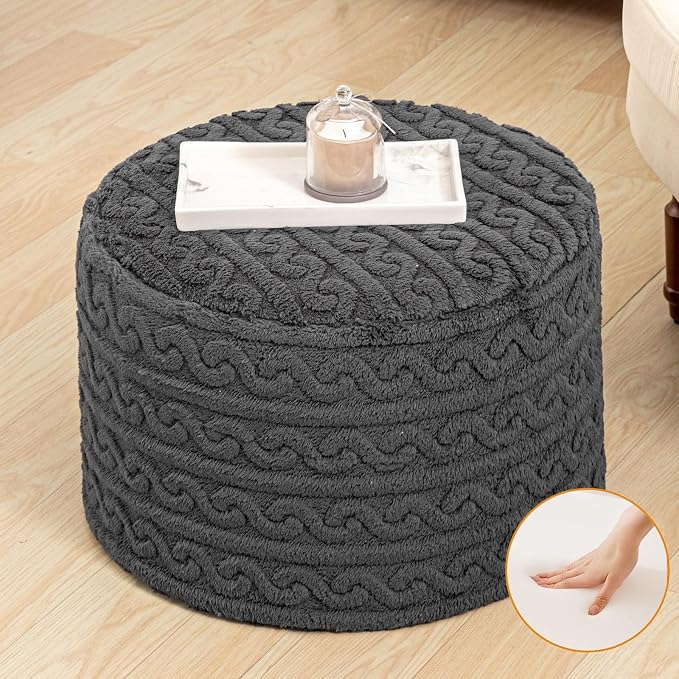 Round Plush Ottoman Pouf Stuffed– Fluffy Ottoman Foot Rest with Modern Foam Filler 20" x 14" Cozy Floor Pouf for Living Room & Bedroom (Gray)