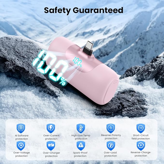 [2-Pack]Mini Portable Charger for iPhone 17/16,5500mAh LCD Display USB C Power Bank,Fast Phone Charging Travel Pocket Size Battery Pack for iPhone 17/17 Pro Max/Air/16/15 Series,Android(Pink+Purple)