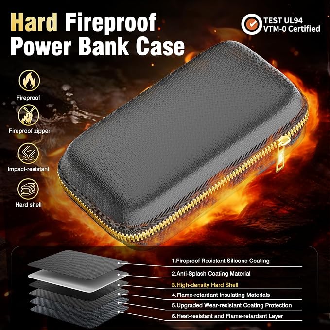 Electronics Travel Organizer with Fireproof Zipper, Hard Case Explosion-Proof Cables Carry Box Compatible with Hard Drive, Fireproof Portable Safe Storage for Power Bank, Phone, Charger, Cord, Black