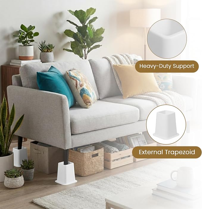 Kings Brand Furniture 6-inch Bed Risers - Set of 4 White Heavy Duty Stackable Furniture Risers for Under Bed Storage, Desk, Sofa, Couch
