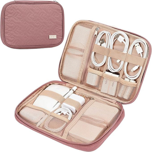 NISHEL Travel Cord Organizer Case, Tech Electronic Bag, Essentials for Charger, Cable, Phone, Hard Drive, USB, SD Card, Rosewood-Pink