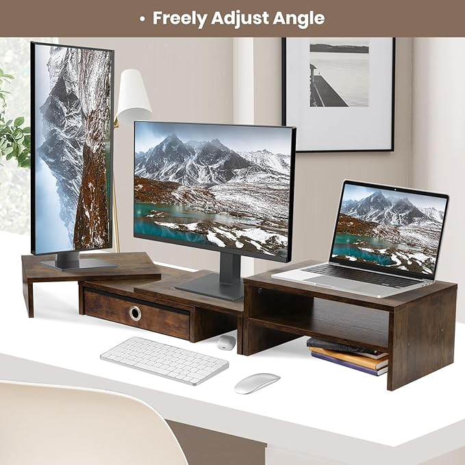 Monitor Riser for 3 Monitors, Dual Monitor Stand for Desk, Triple Monitor Stand with Drawer, Dual Monitor Stand with Storage, Extra Long Triple Monitor Riser up to 52", Angle Adjustable, Rustic Brown