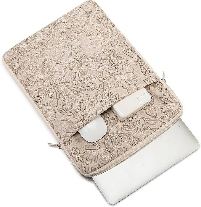 Kinmac 360° Protective Vertical Laptop Sleeve Case Cover Bag (Apricot Flower PU, 13.5 inch-14 inch)