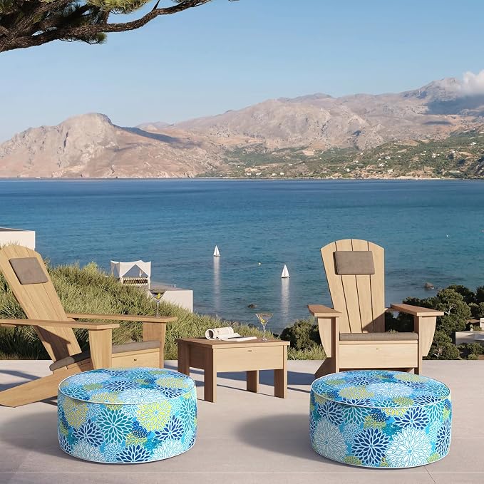 DYTXIII Inflatable Ottoman Stool D21 xH9 for Outdoor/Indoor Use, Water Repellent Patio Foot Rest Stool with Portable Handle,Round Pouf Ottoman Suitable for Garden,Deck and Camping - Dahlia Blue