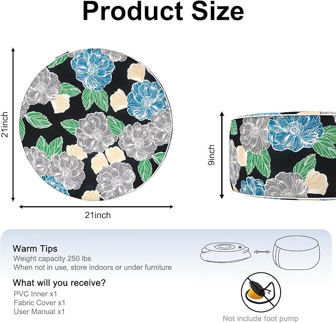 DYTXIII Inflatable Ottoman Stool D21 xH9 for Outdoor/Indoor Use, Water Repellent Patio Foot Rest with Portable Handle,Round Pouf Ottoman Suitable for Garden,Deck and Camping-Peony Garden