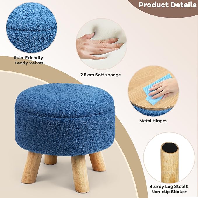 OGEMXU Ottoman Foot Rest, Small Round Ottoman with Storage, Boucle Teddy Velvet Footstool with Wood Legs, Soft Sponge Storage Ottoman for Living Room, Bedroom, Couch, Enterway (Dark Blue)