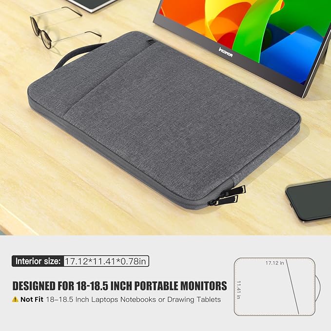 18.5 Inch Portable Monitor Case Protective Sleeve for InnoView VisionOwl Upperizon Usparkle Ingnok aimuonos Ingnok Motyeowe Cocopar EVICIV HONGO, 18-18.5" Portable Monitor Carrying Case Bag, Gray