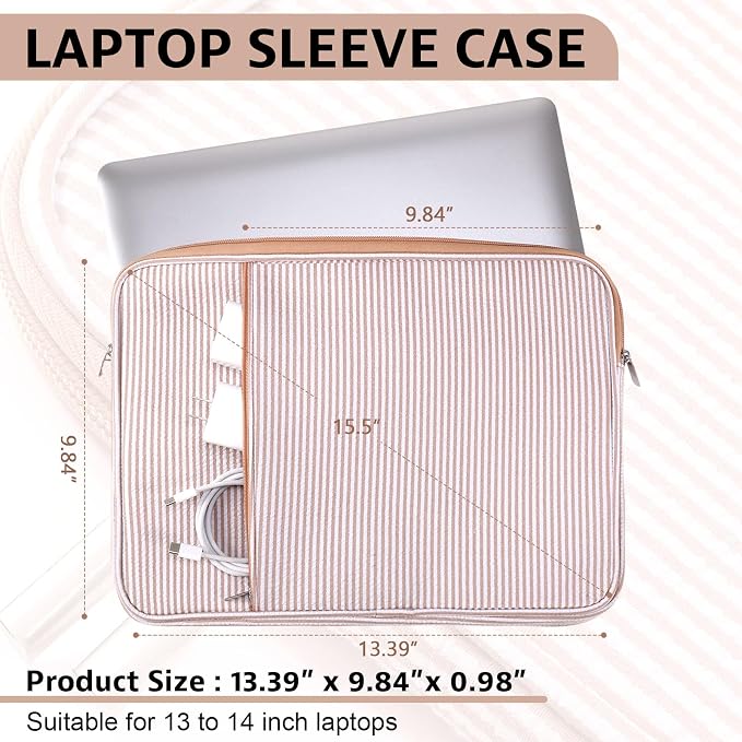 Huhumy Laptop Sleeve Case 13-13.3 inch for Women, Cute Seersucker Laptop Sleeve with Pocket Thin Computer Carrying Bag for Office Business Trip Compatible with Various Laptops Models(Khaki)