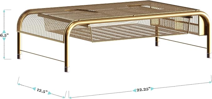 Martha Stewart Ryder Gold Mesh Metal Desktop Monitor Stand Riser with Organizer Drawer and Side Storage